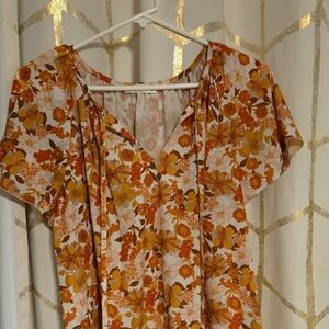 Floral V-Neck Blouse - Orange and Yellow